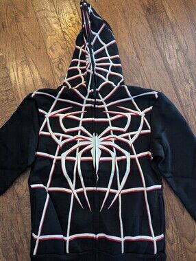 Jay's Rock Black Spider Web Hoody With Full Zip Face Mask Glows Kids Sz 12